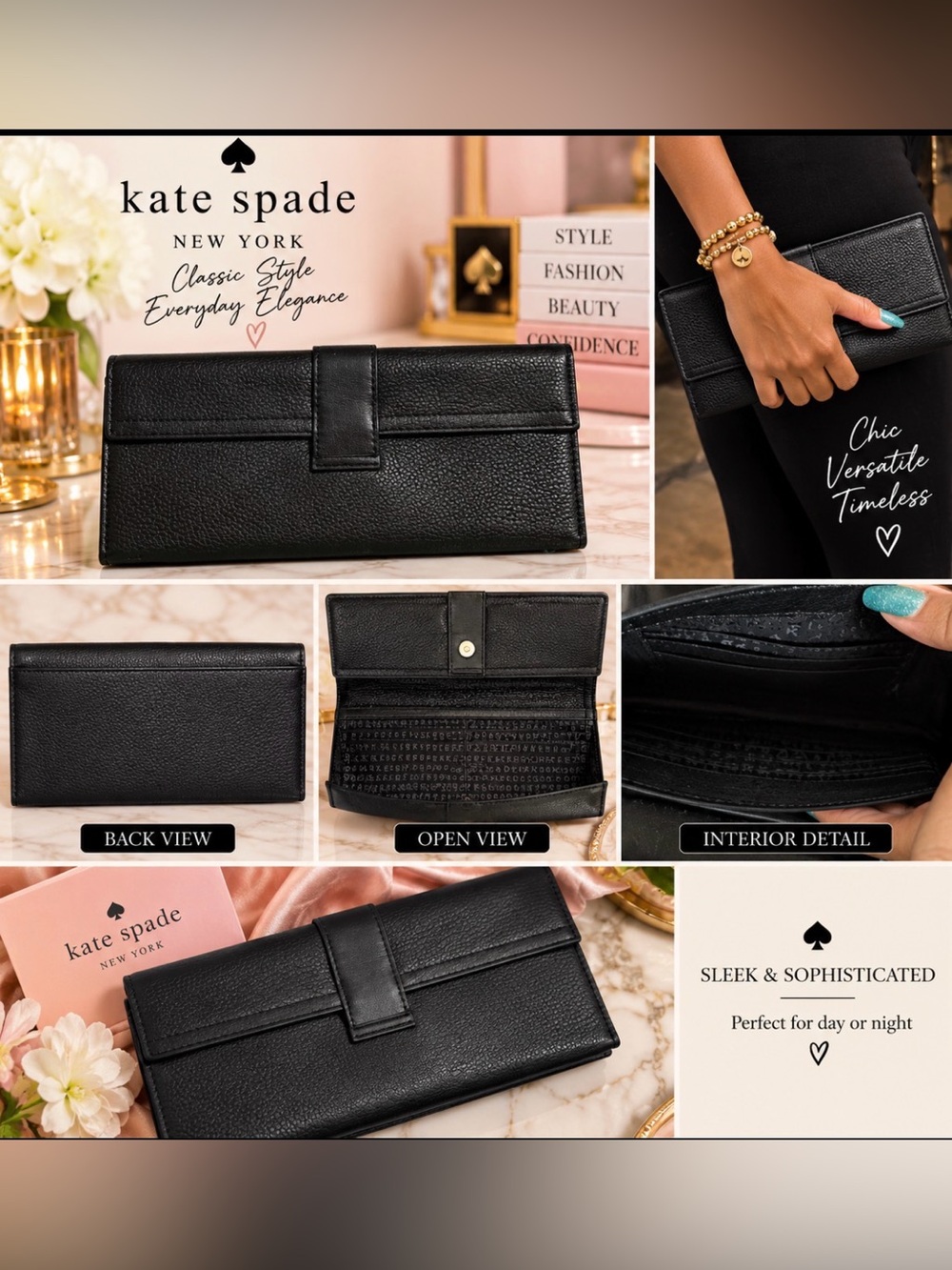 kate spade Black Leather Envelope Clutch